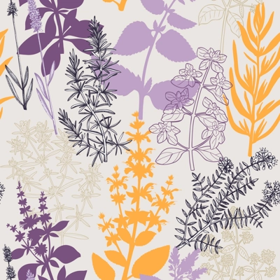 Collage-style Provence herbs background. Herbal plants hand-drawn vector illustrations. Seamless pattern with sage, peppermint, rosemary, lavender sketches. NOT AI generated
